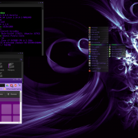 Little bit of a abstract purple wallpaper and other essentials info in the Terminal