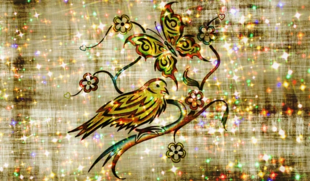 gold sparkle butterfly And bird larg